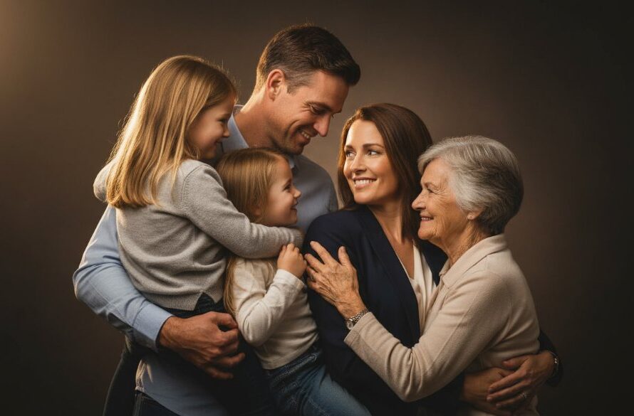 An epic, emotionally resonant studio photograph capturing a Kilmore Victoria studio family portraits session, with warm, dramatic lighting highlighting the joyful embrace of a family, conveying deep connection and timeless love.