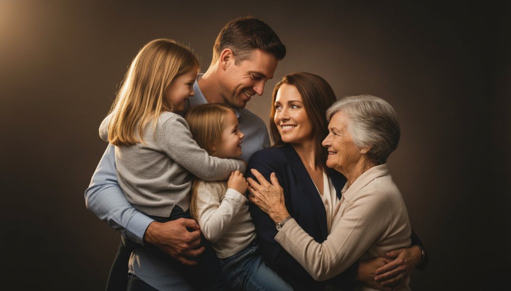 An epic, emotionally resonant studio photograph capturing a Kilmore Victoria studio family portraits session, with warm, dramatic lighting highlighting the joyful embrace of a family, conveying deep connection and timeless love.