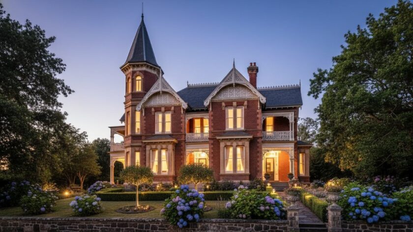 Dramatic wide-angle exterior shot of a beautifully restored historic Victorian home in Kilmore at twilight, showcasing intricate architectural details and expansive garden, with glowing interior lights creating a warm, inviting ambiance. The Kilmore Victorian Real Estate Photography Maximising Property Appeal is evident in this stunning, professional photo.