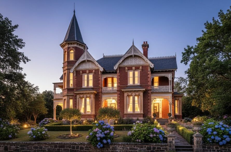 Dramatic wide-angle exterior shot of a beautifully restored historic Victorian home in Kilmore at twilight, showcasing intricate architectural details and expansive garden, with glowing interior lights creating a warm, inviting ambiance. The Kilmore Victorian Real Estate Photography Maximising Property Appeal is evident in this stunning, professional photo.