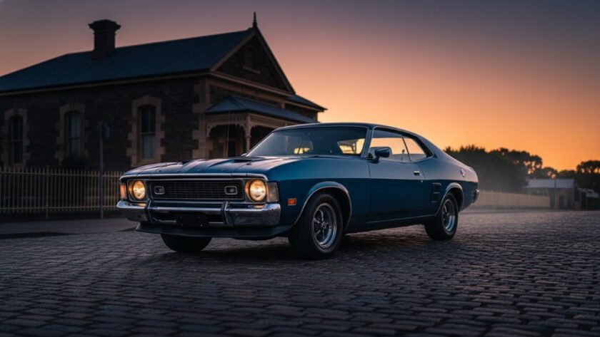 Dramatic, cinematic shot capturing the essence of Kilmore vintage car photography artistry: a gleaming, deep red 1950s Ford Customline parked majestically at sunset on a cobblestone street in historic Kilmore, Victoria, with warm golden hour light reflecting off its polished chrome and bodywork, framed by an ancient bluestone building, highlighting its timeless beauty and power.