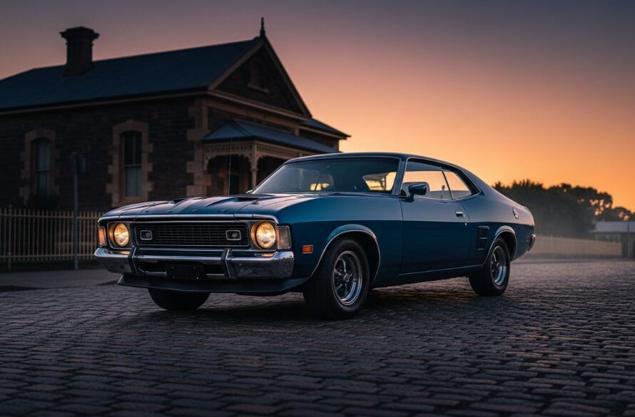 Dramatic, cinematic shot capturing the essence of Kilmore vintage car photography artistry: a gleaming, deep red 1950s Ford Customline parked majestically at sunset on a cobblestone street in historic Kilmore, Victoria, with warm golden hour light reflecting off its polished chrome and bodywork, framed by an ancient bluestone building, highlighting its timeless beauty and power.