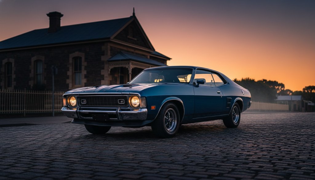 Dramatic, cinematic shot capturing the essence of Kilmore vintage car photography artistry: a gleaming, deep red 1950s Ford Customline parked majestically at sunset on a cobblestone street in historic Kilmore, Victoria, with warm golden hour light reflecting off its polished chrome and bodywork, framed by an ancient bluestone building, highlighting its timeless beauty and power.