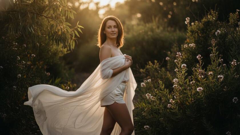 A powerful and intimate portrait from a Kings Park intimate boudoir photography experience, featuring a woman in soft light, evoking confidence and serenity amidst a natural, lush setting, with professional dramatic lighting and colour grading.