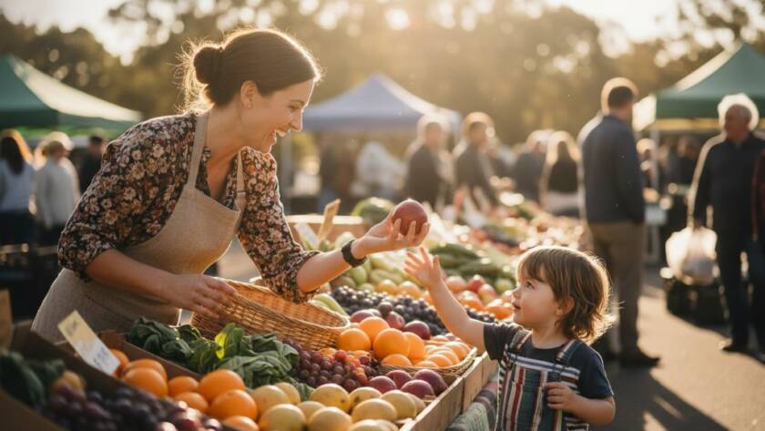 Dynamic Kings Park Victoria advertising photography for local brands featuring a local cafe owner proudly serving coffee to a happy customer, bathed in warm morning light, showcasing community and quality produce.
