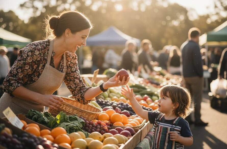 Dynamic Kings Park Victoria advertising photography for local brands featuring a local cafe owner proudly serving coffee to a happy customer, bathed in warm morning light, showcasing community and quality produce.