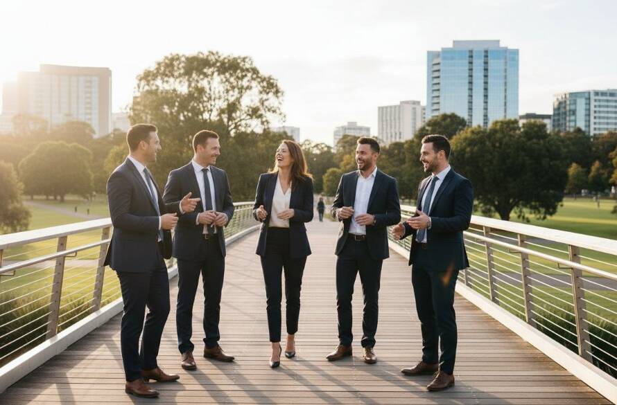 Dynamic wide shot capturing a vibrant business team in Kings Park Victoria bespoke corporate photography, showcasing their collaborative energy against a modern architectural backdrop, bathed in golden hour light, for an epic moment of professional unity.