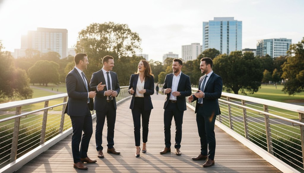 Dynamic wide shot capturing a vibrant business team in Kings Park Victoria bespoke corporate photography, showcasing their collaborative energy against a modern architectural backdrop, bathed in golden hour light, for an epic moment of professional unity.