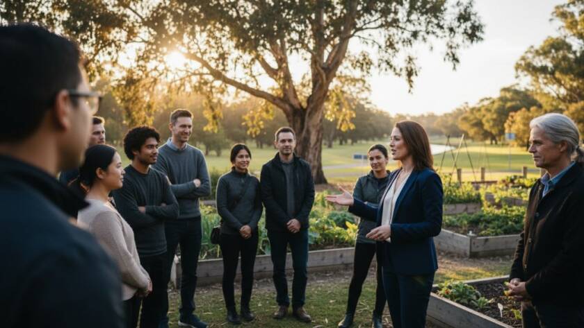 A dynamic shot by a Kings Park Victoria editorial photographer capturing authentic local stories, featuring a local artist passionately working on a large canvas outdoors in Kings Park, sunlight dappling through gum trees, showcasing an epic moment of creative flow and local culture.