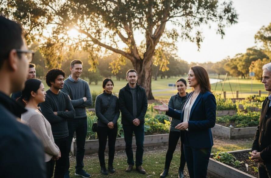 A dynamic shot by a Kings Park Victoria editorial photographer capturing authentic local stories, featuring a local artist passionately working on a large canvas outdoors in Kings Park, sunlight dappling through gum trees, showcasing an epic moment of creative flow and local culture.
