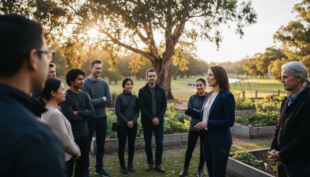 A dynamic shot by a Kings Park Victoria editorial photographer capturing authentic local stories, featuring a local artist passionately working on a large canvas outdoors in Kings Park, sunlight dappling through gum trees, showcasing an epic moment of creative flow and local culture.