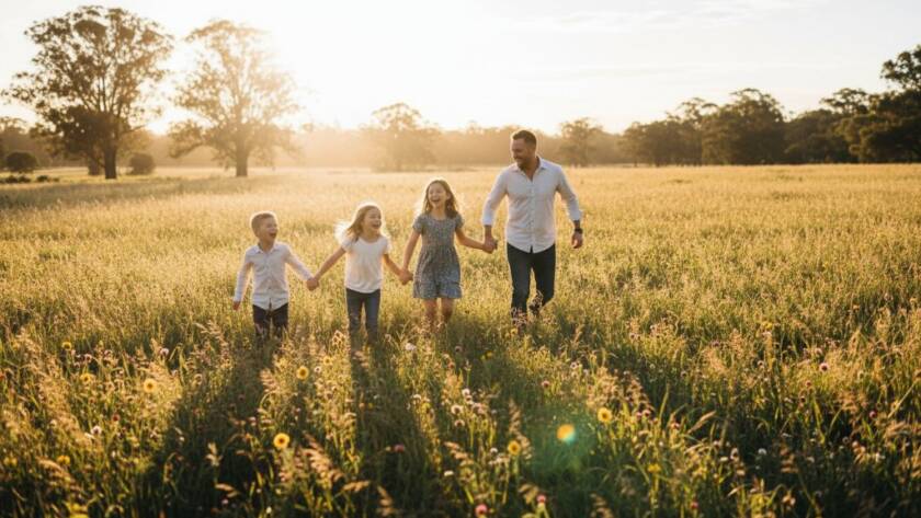 A heartwarming, professionally colour-graded photograph of a family laughing joyfully as they chase bubbles in the golden afternoon sun at Kings Park, Victoria, during their Kings Park Victoria family photoshoot natural light. The vibrant greens of the park provide a stunning backdrop, capturing a truly epic moment of connection and happiness.