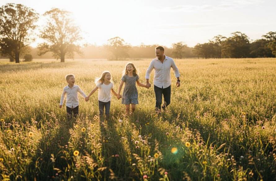 A heartwarming, professionally colour-graded photograph of a family laughing joyfully as they chase bubbles in the golden afternoon sun at Kings Park, Victoria, during their Kings Park Victoria family photoshoot natural light. The vibrant greens of the park provide a stunning backdrop, capturing a truly epic moment of connection and happiness.