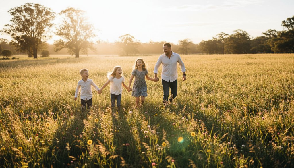 A heartwarming, professionally colour-graded photograph of a family laughing joyfully as they chase bubbles in the golden afternoon sun at Kings Park, Victoria, during their Kings Park Victoria family photoshoot natural light. The vibrant greens of the park provide a stunning backdrop, capturing a truly epic moment of connection and happiness.