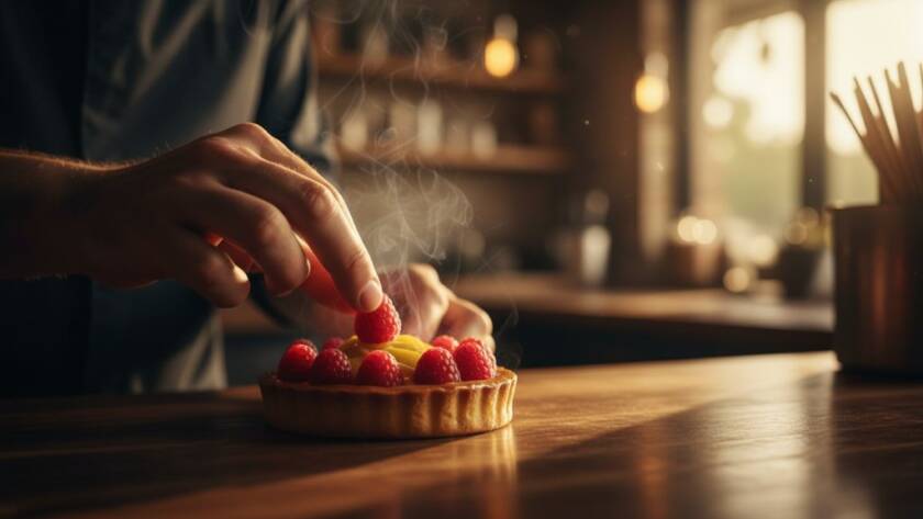 An evocative, cinematic close-up of a perfectly styled, vibrant gourmet dessert being drizzled with sauce, bathed in dramatic, soft natural light, set in an elegant Kings Park Victoria food styling photography local restaurant, ready for an expert photoshoot.
