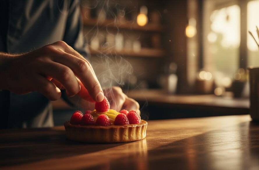 An evocative, cinematic close-up of a perfectly styled, vibrant gourmet dessert being drizzled with sauce, bathed in dramatic, soft natural light, set in an elegant Kings Park Victoria food styling photography local restaurant, ready for an expert photoshoot.