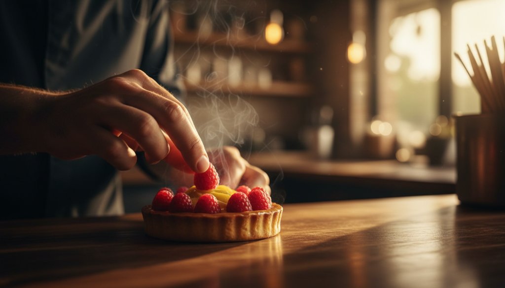 An evocative, cinematic close-up of a perfectly styled, vibrant gourmet dessert being drizzled with sauce, bathed in dramatic, soft natural light, set in an elegant Kings Park Victoria food styling photography local restaurant, ready for an expert photoshoot.