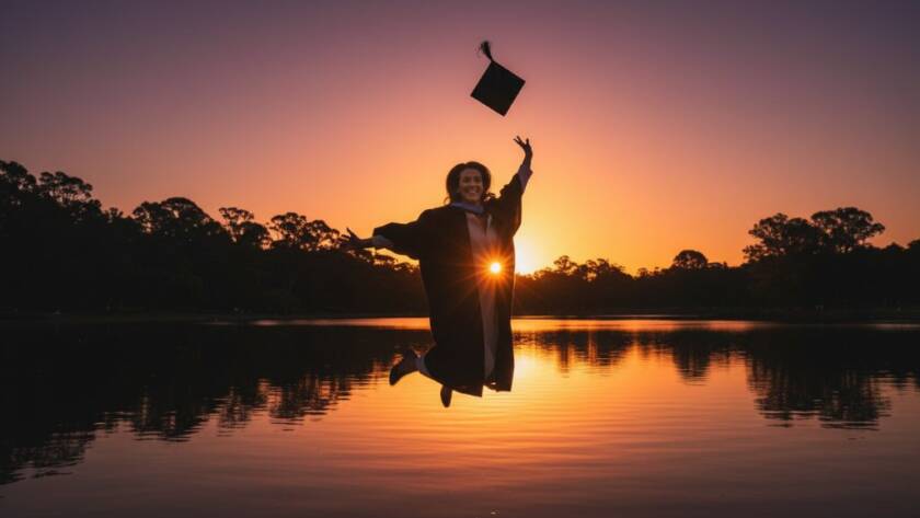 A triumphant graduate in their cap and gown, framed by the vibrant autumn leaves of Kings Park, Victoria, celebrating their achievement with Kings Park Victoria graduation photography majestic portraits, golden hour light backlighting their joyous smile, showcasing an epic moment.