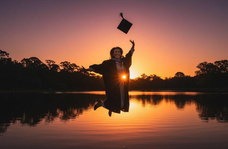 A triumphant graduate in their cap and gown, framed by the vibrant autumn leaves of Kings Park, Victoria, celebrating their achievement with Kings Park Victoria graduation photography majestic portraits, golden hour light backlighting their joyous smile, showcasing an epic moment.