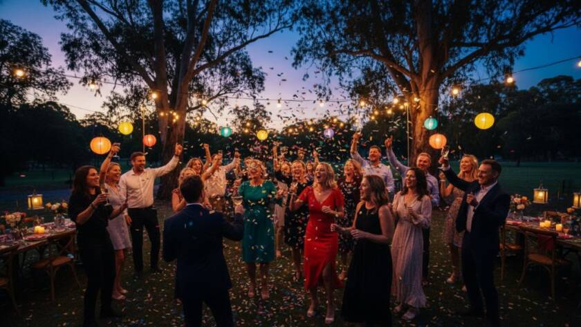 A wide-angle, low-light shot capturing the peak of a joyous celebration in Kings Park, Victoria, showcasing energetic guests dancing under colourful string lights at dusk, reflecting the vibrant party photography style of Image by SD.