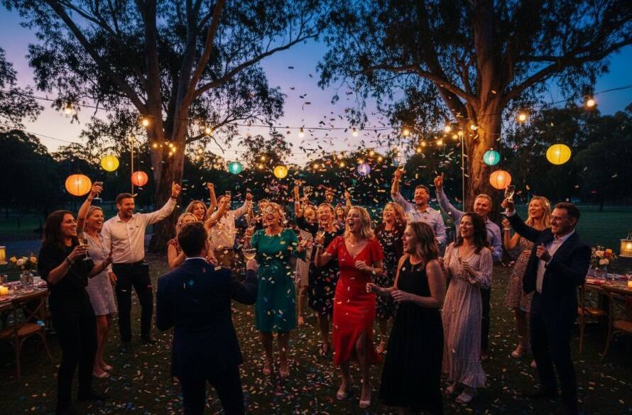A wide-angle, low-light shot capturing the peak of a joyous celebration in Kings Park, Victoria, showcasing energetic guests dancing under colourful string lights at dusk, reflecting the vibrant party photography style of Image by SD.