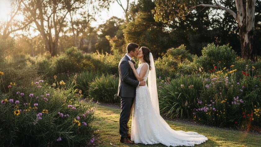 An epic moment of a newlywed couple sharing a tender kiss under the dappled sunlight in Kings Park Victoria, showcasing their joyous Kings Park Victoria Wedding Photography Moments, professionally colour graded.
