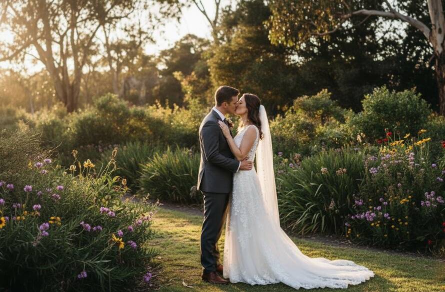 An epic moment of a newlywed couple sharing a tender kiss under the dappled sunlight in Kings Park Victoria, showcasing their joyous Kings Park Victoria Wedding Photography Moments, professionally colour graded.