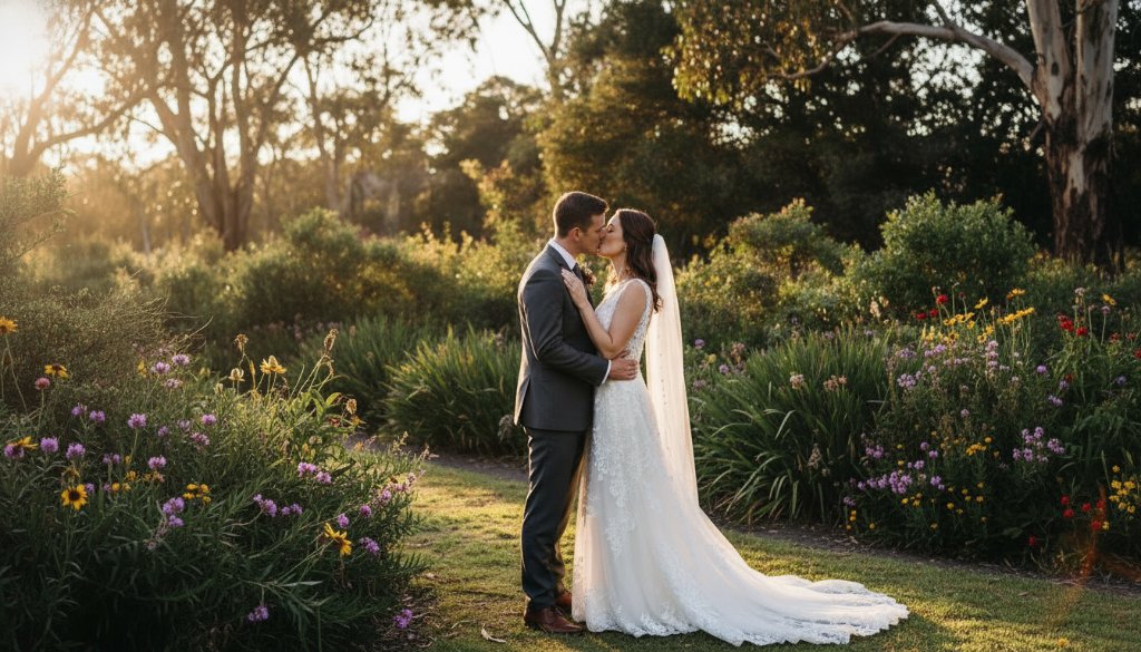 An epic moment of a newlywed couple sharing a tender kiss under the dappled sunlight in Kings Park Victoria, showcasing their joyous Kings Park Victoria Wedding Photography Moments, professionally colour graded.
