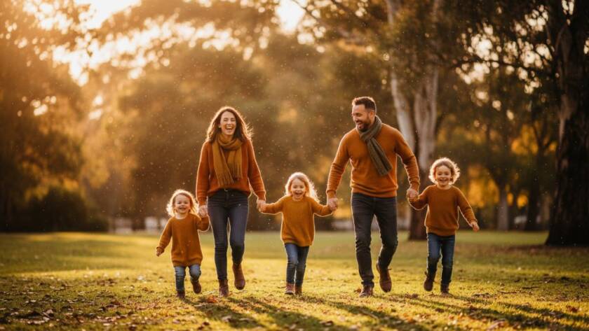 An epic moment of a young family (parents and two small children) laughing joyfully on a golden-hour evening at Cruickshank Park in Kingsville, Victoria, perfectly embodying Kingsville Family Photography Capturing Genuine Joy with warm, cinematic lighting.