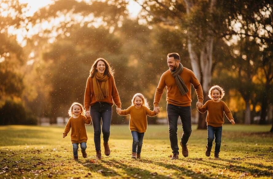 An epic moment of a young family (parents and two small children) laughing joyfully on a golden-hour evening at Cruickshank Park in Kingsville, Victoria, perfectly embodying Kingsville Family Photography Capturing Genuine Joy with warm, cinematic lighting.