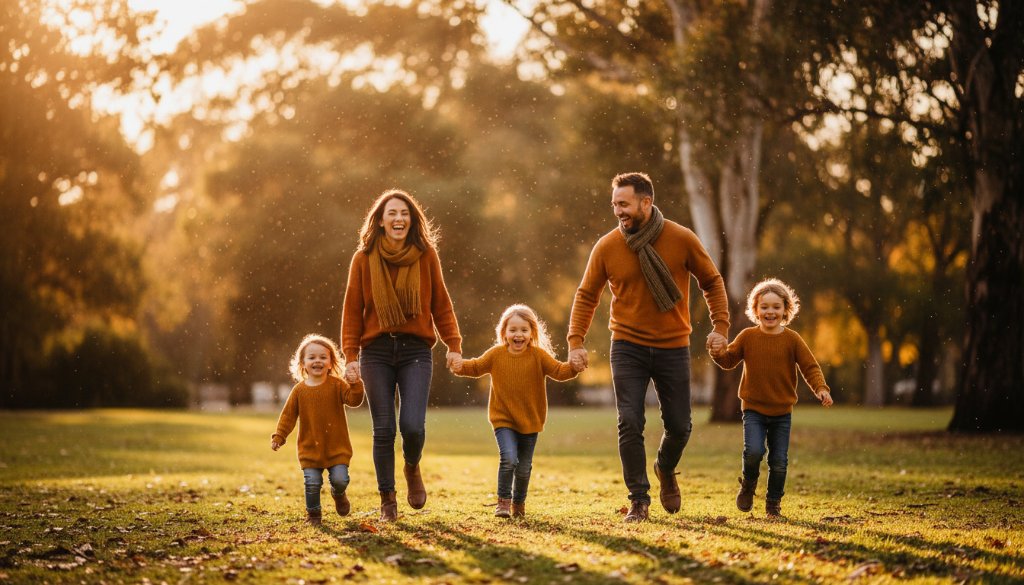 An epic moment of a young family (parents and two small children) laughing joyfully on a golden-hour evening at Cruickshank Park in Kingsville, Victoria, perfectly embodying Kingsville Family Photography Capturing Genuine Joy with warm, cinematic lighting.