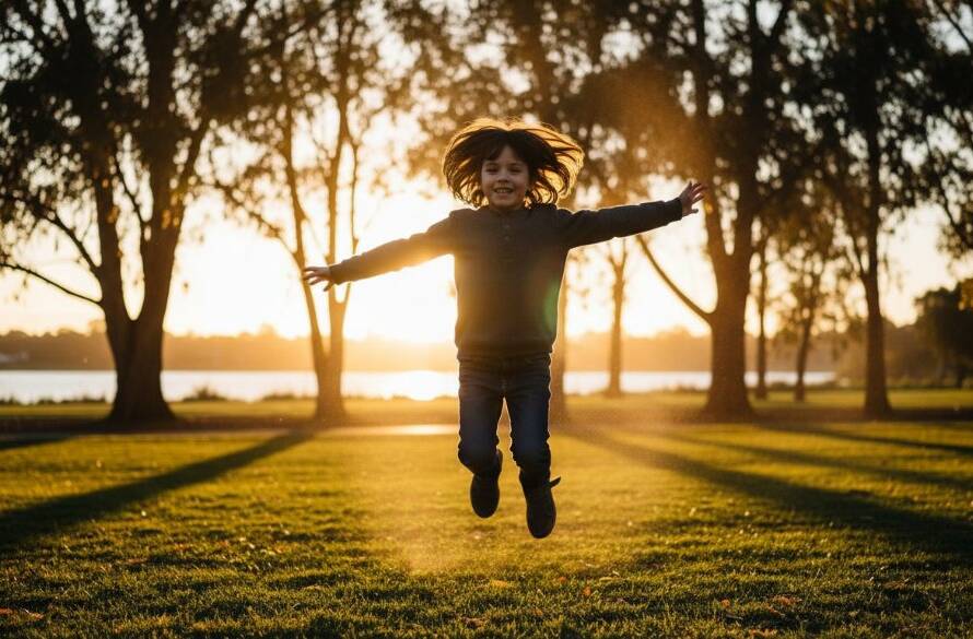 A vibrant, candid Kingsville Kids Photography capturing authentic childhood moments, showing a child laughing while running through a sun-drenched park in Kingsville, with dramatic backlighting and professional colour grading.