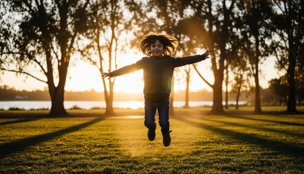A vibrant, candid Kingsville Kids Photography capturing authentic childhood moments, showing a child laughing while running through a sun-drenched park in Kingsville, with dramatic backlighting and professional colour grading.