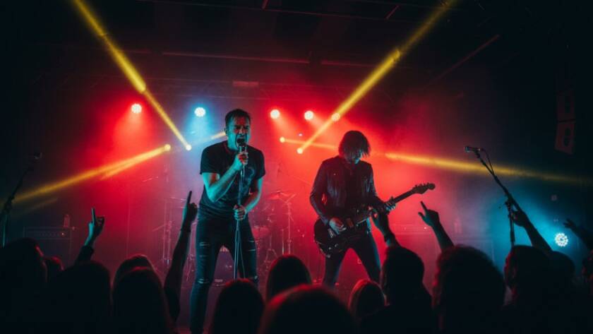 Dynamic, wide shot of a band performing live on stage under dramatic spotlights, with a crowd silhouetted in the foreground, capturing the electric energy of a Kingsville Victoria concert photography capture moment.
