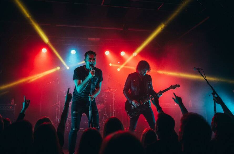 Dynamic, wide shot of a band performing live on stage under dramatic spotlights, with a crowd silhouetted in the foreground, capturing the electric energy of a Kingsville Victoria concert photography capture moment.