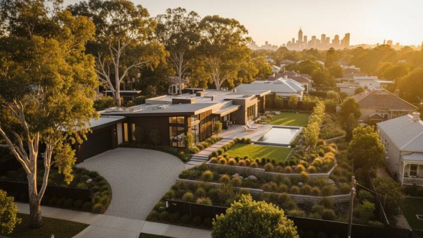 An breathtaking Kingsville Victoria drone photography shot capturing a modern residential property at sunset, showcasing its unique architecture and surrounding green spaces from a dramatic aerial perspective, with golden light illuminating the scene.