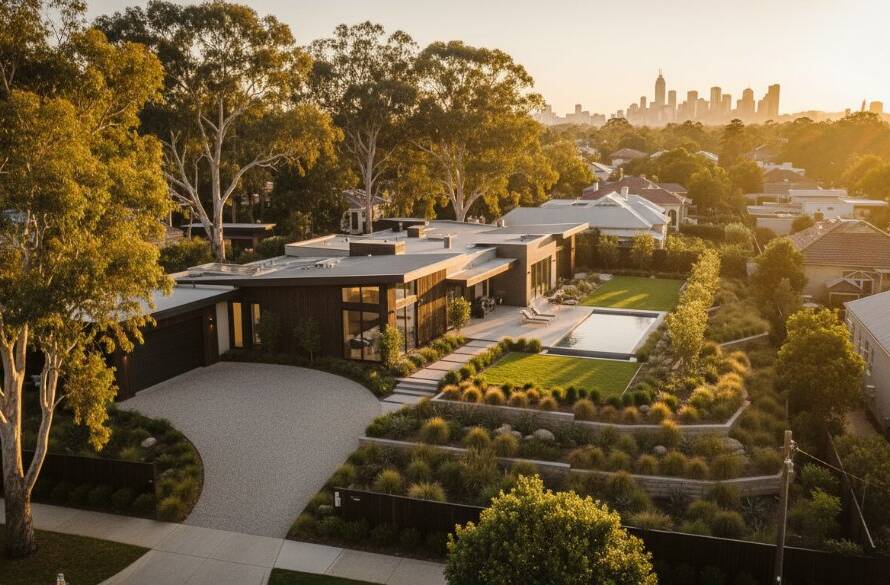 An breathtaking Kingsville Victoria drone photography shot capturing a modern residential property at sunset, showcasing its unique architecture and surrounding green spaces from a dramatic aerial perspective, with golden light illuminating the scene.