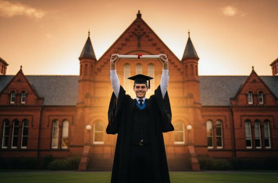 A jubilant graduate in their cap and gown, framed against the historic Kingsville Hall in golden hour light, holding their degree aloft in an epic Kingsville Victoria graduation photoshoot.