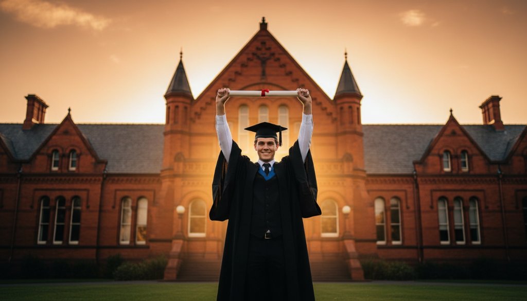 A jubilant graduate in their cap and gown, framed against the historic Kingsville Hall in golden hour light, holding their degree aloft in an epic Kingsville Victoria graduation photoshoot.