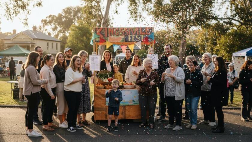 A wide-angle, candid photograph capturing the joyous energy and vibrant community spirit during a Kingsville Victoria vibrant community event photography session. Diverse attendees are laughing and interacting in a sun-drenched local park, with colorful decorations and warm afternoon light, professionally color-graded.