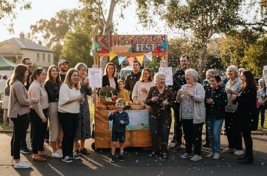 A wide-angle, candid photograph capturing the joyous energy and vibrant community spirit during a Kingsville Victoria vibrant community event photography session. Diverse attendees are laughing and interacting in a sun-drenched local park, with colorful decorations and warm afternoon light, professionally color-graded.