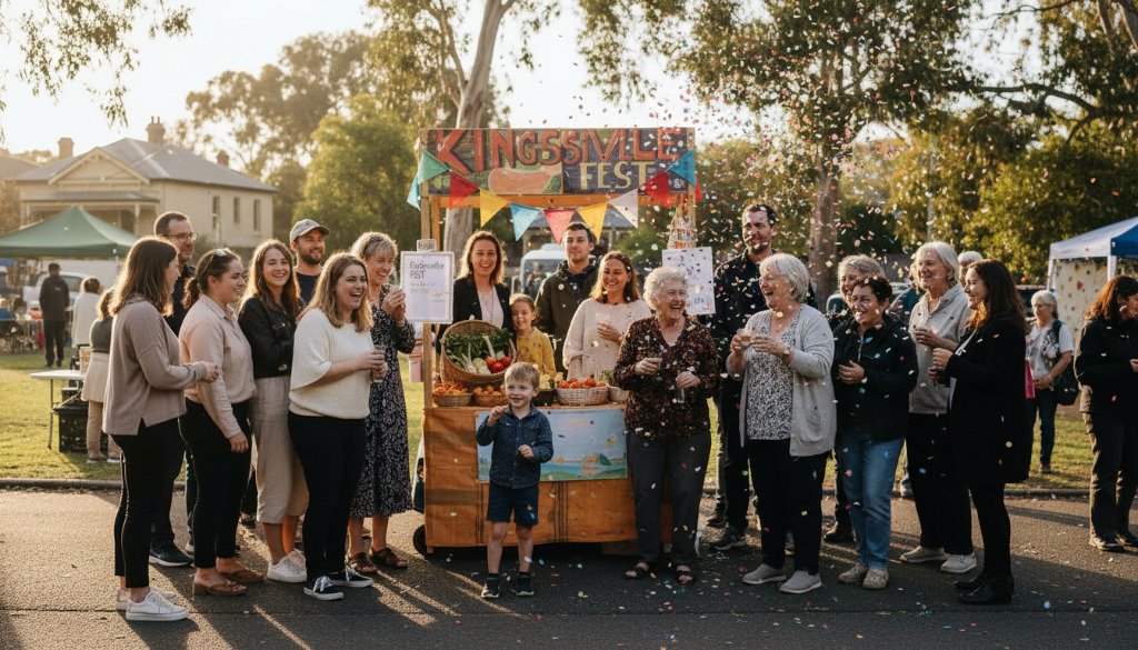 A wide-angle, candid photograph capturing the joyous energy and vibrant community spirit during a Kingsville Victoria vibrant community event photography session. Diverse attendees are laughing and interacting in a sun-drenched local park, with colorful decorations and warm afternoon light, professionally color-graded.