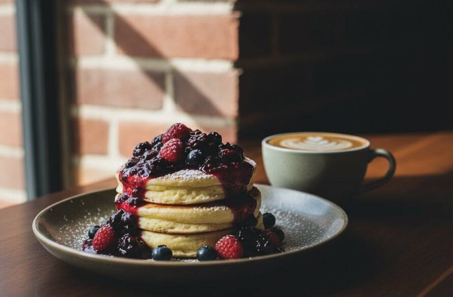 Dramatic, cinematic close-up of a perfectly plated gourmet dish, perhaps a vibrant brunch plate from a Kingsville cafe, with soft, warm lighting highlighting textures and colours. The shot embodies Kingsville's culinary soul food photography, capturing the dish in an epic moment, ready to be enjoyed.
