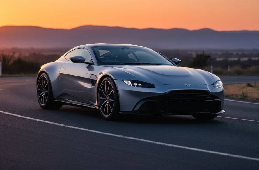 A custom-built, sleek black sports car dramatically lit by golden hour light, parked against the rugged backdrop of the Dandenong Ranges near Knoxfield, capturing bespoke automotive photography experiences.