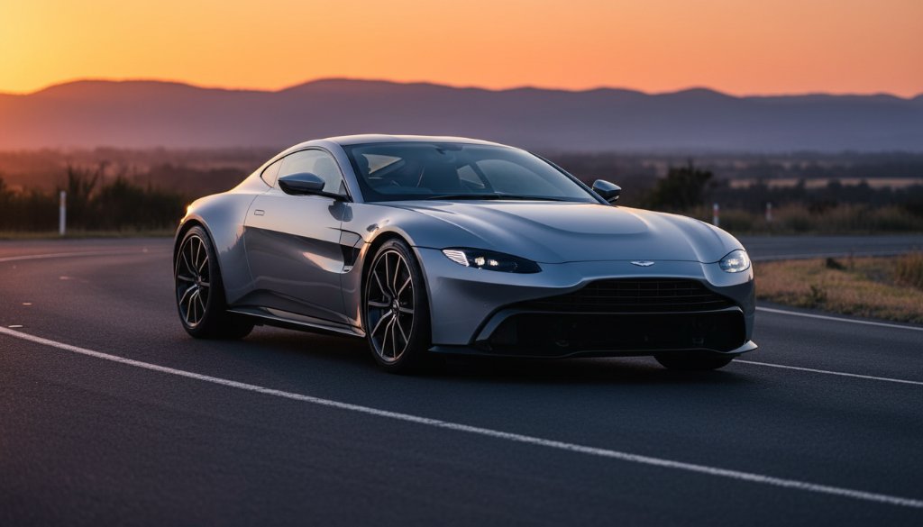 A custom-built, sleek black sports car dramatically lit by golden hour light, parked against the rugged backdrop of the Dandenong Ranges near Knoxfield, capturing bespoke automotive photography experiences.