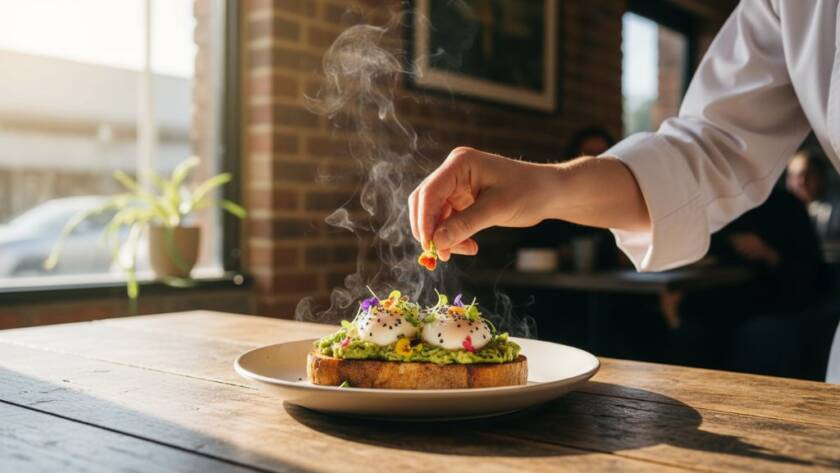 An epic moment captured: A perfectly styled artisanal brunch platter, showcasing vibrant colours and textures, dramatically lit in a bustling Knoxfield cafe, ready to entice diners with its local flavour. Professional Knoxfield cafe food photography for local flavour.