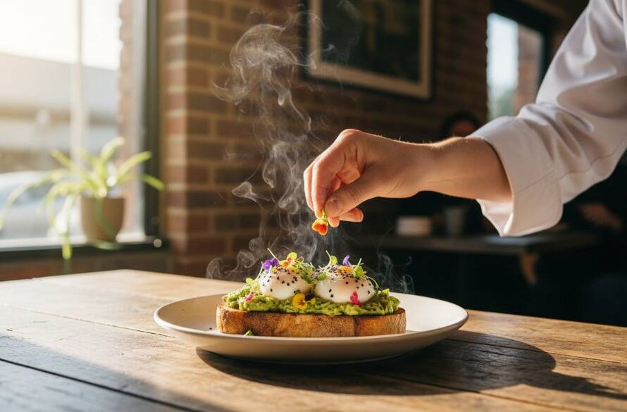 An epic moment captured: A perfectly styled artisanal brunch platter, showcasing vibrant colours and textures, dramatically lit in a bustling Knoxfield cafe, ready to entice diners with its local flavour. Professional Knoxfield cafe food photography for local flavour.