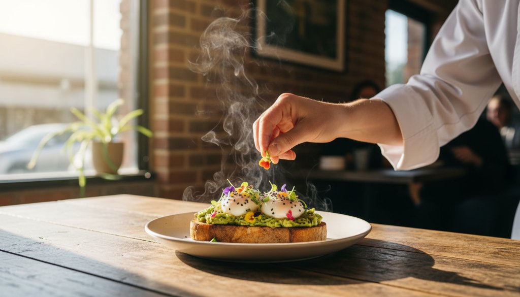 An epic moment captured: A perfectly styled artisanal brunch platter, showcasing vibrant colours and textures, dramatically lit in a bustling Knoxfield cafe, ready to entice diners with its local flavour. Professional Knoxfield cafe food photography for local flavour.