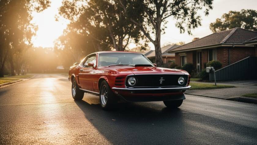 Epic moment of a meticulously restored vintage muscle car, gleaming under dramatic golden hour light, parked on a quiet, tree-lined street in Knoxfield, Victoria, Australia, captured with expert Knoxfield Classic Car Photography Victoria.