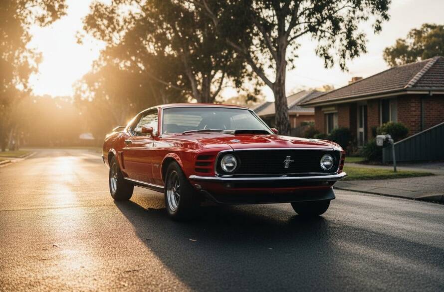 Epic moment of a meticulously restored vintage muscle car, gleaming under dramatic golden hour light, parked on a quiet, tree-lined street in Knoxfield, Victoria, Australia, captured with expert Knoxfield Classic Car Photography Victoria.